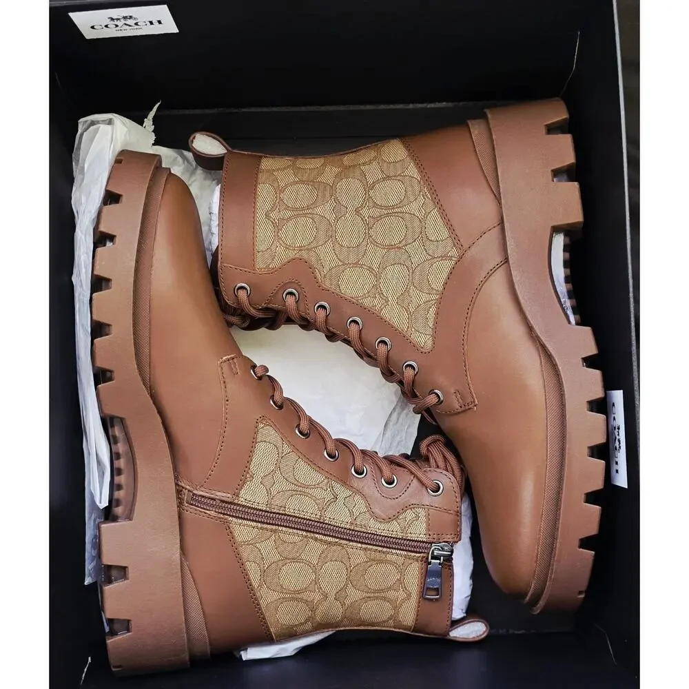 Coach Citysole Signature Lace Up Combat Boots Saddle Khaki CO257 Men's Size 9